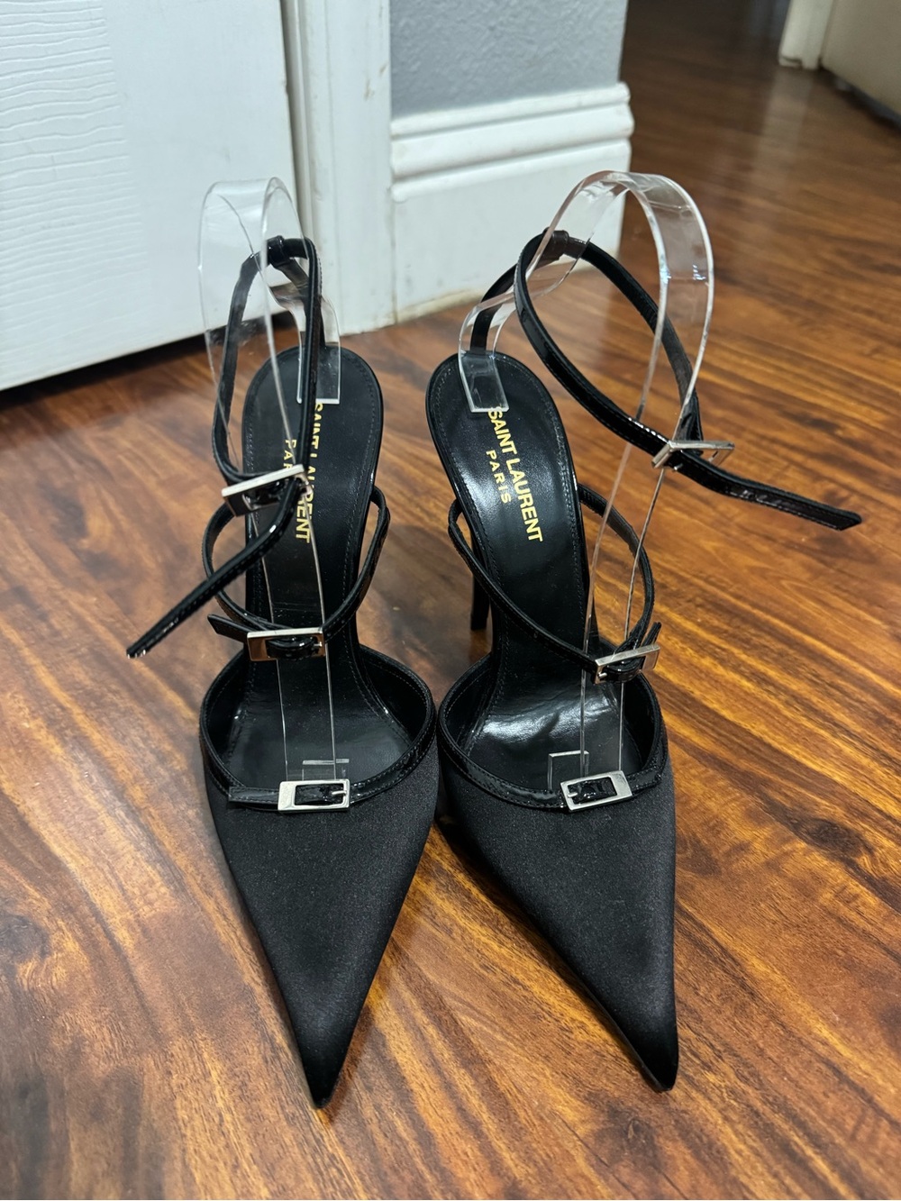 Saint Laurent Black Satin Pointed Slingback Heels